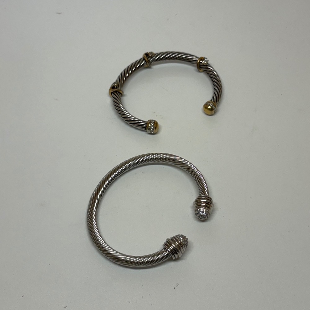 Set of 2 Silver & Gold Tone Cable Twist Cuff Bracelets with Pavé Crystals